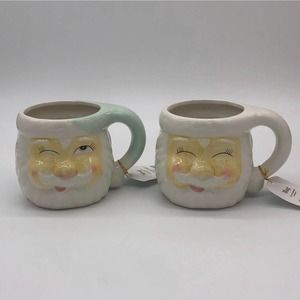 2 Retro Pastel Santa Mugs Winking & Sleeping Eyes Closed Christmas Mug Set